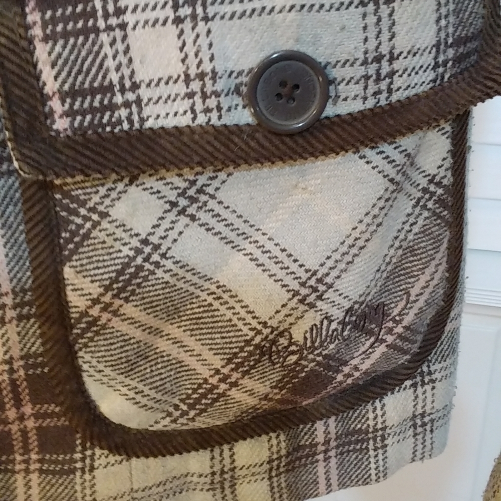 Billabong Wool Blend Brown Pink Plaid Pea Coat Jacket Size S Quilt Lined Pockets - Picture 5 of 9